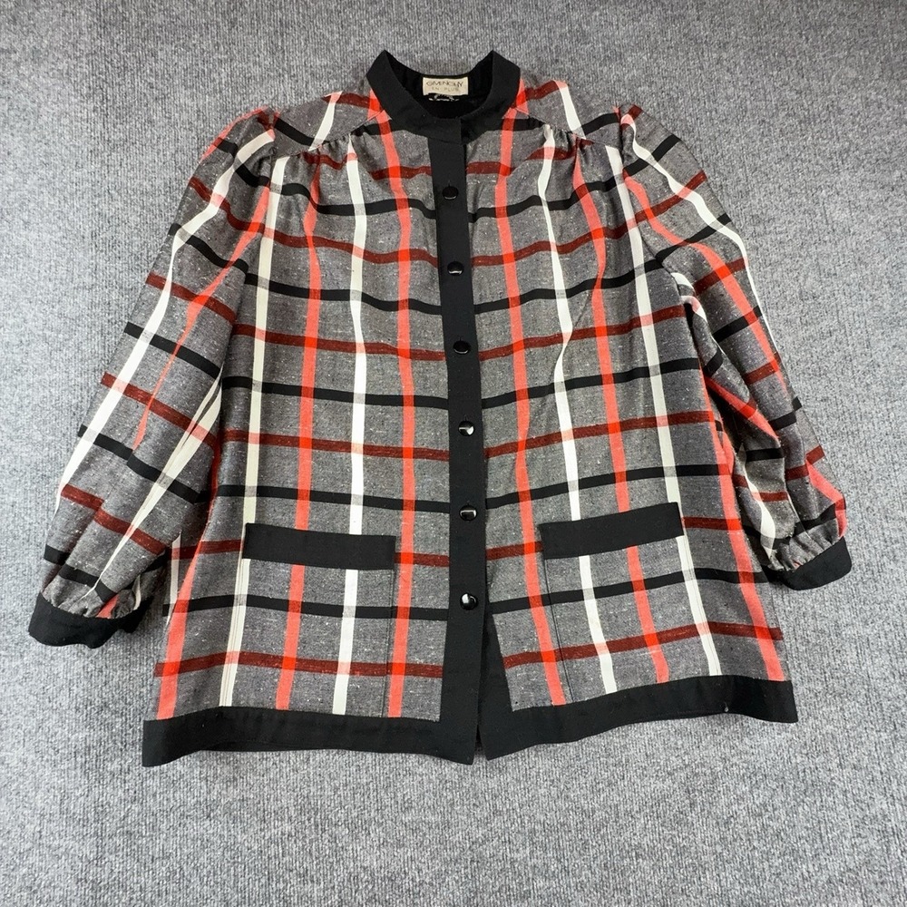 Vintage Givenchy Blouse Womens 2X Gray Plaid Mock Neck Long Sleeve Tunic Top